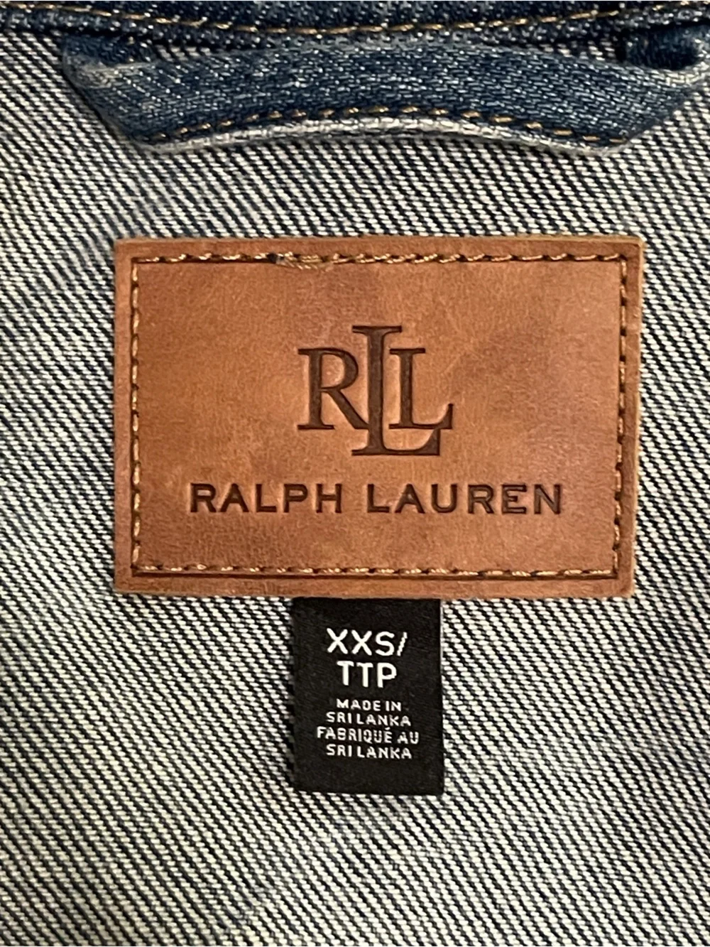 RALPH LAUREN Womens Patchwork Big Logo Denim Jacket Blue XXS Crop Distressed - Picture 9 of 10